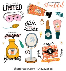 Skincare routine set with natural organic cosmetics products in bottles, jars, tubes for skin in trendy doodle style. Cute motivational and inspirational girl power lettering. Vector illustration