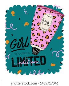 Skincare routine set with natural organic cosmetics products in bottles, jars, tubes for skin in trendy doodle style. Cute motivational and inspirational girl power lettering. Vector illustration