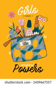Skincare routine set with natural organic cosmetics products in bottles, jars, tubes for skin in trendy doodle style. Cute motivational and inspirational girl power lettering. Vector illustration