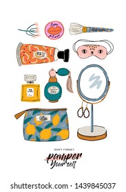 Skincare routine set. Natural organic cosmetics products in bottles, jars, tubes for skin. Trendy doodle style. Cute motivational and inspirational girl power lettering. Vector illustration