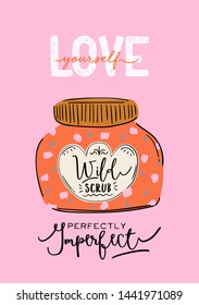 Skincare routine set with natural organic cosmetic products in bottles, jars, tubes for skin. Trendy doodle style. Cute motivational and inspirational girl power lettering. Vector illustration