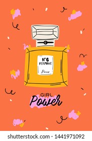 Skincare routine set with natural organic cosmetic products in bottles, jars, tubes for skin. Trendy doodle style. Cute motivational and inspirational girl power lettering. Vector illustration