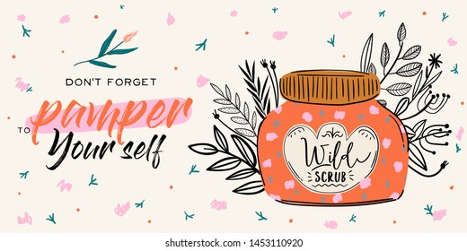 Skincare routine set with natural organic cosmetics products in bottles, jars, tubes for skin in trendy doodle style. Cute motivational and inspirational girl power lettering. Vector illustration