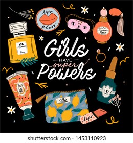 Skincare routine set with natural organic cosmetics products in bottles, jars, tubes for skin in trendy doodle style. Cute motivational and inspirational girl power lettering. Vector illustration