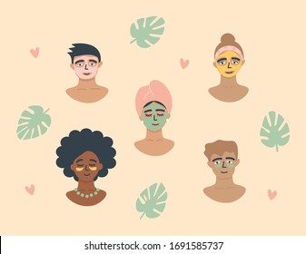 Skincare routine set. People apply skin care products: facial masks, eye patches. Women and men use organic natural homemade cosmetics. Beauty rituals, self care. Flat vector illustration