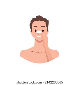 Skincare routine stage with patch or cream on nose, flat vector illustration isolated on white background. Head of man character with beauty product.