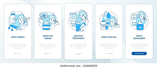 Skincare routine tips blue onboarding mobile app screen. Health care walkthrough 5 steps graphic instructions pages with linear concepts. UI, UX, GUI template. Myriad Pro-Bold, Regular fonts used