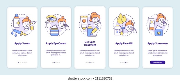 Skincare routine tips onboarding mobile app screen. Healthy skin walkthrough 5 steps graphic instructions pages with linear concepts. UI, UX, GUI template. Myriad Pro-Bold, Regular fonts used