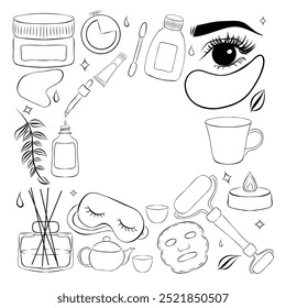 skincare routine tools frame. Vector line frame with hand drawn illustrations of aroma diffuser, serum, sleeping mask, candle, eye patch, mug, cream and other cosmetics.

