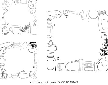 skincare routine tools frames set. Vector line square templates with hand drawn illustrations of aroma diffuser, serum, sleeping mask, candle, eye patch, mug, cream and other cosmetics.
