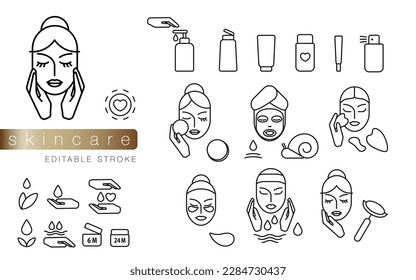 Skincare routine vector icon set with beautiful woman faces and hands. Snail mucin, hydrating cosmetics face mask and under eye patches, cleansing, make up remover, massage roller and gua sha tool