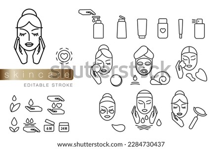 Skincare routine vector icon set with beautiful woman faces and hands. Snail mucin, hydrating cosmetics face mask and under eye patches, cleansing, make up remover, massage roller and gua sha tool