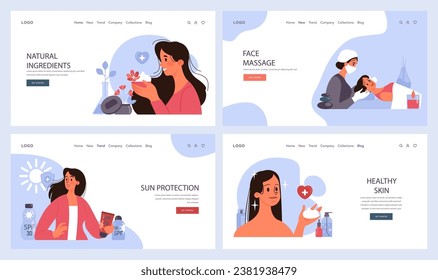 Skincare routine web banner or landing page set. Facial skin cosmetic products applying and professional dermatology procedure. Cleansing and moisturizing treatment. Flat vector illustration