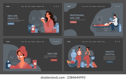 Skincare routine web banner or landing page dark or night mode set. Facial skin cosmetic product applying and professional dermatology procedure. Cleansing and moisturizing. Flat vector illustration