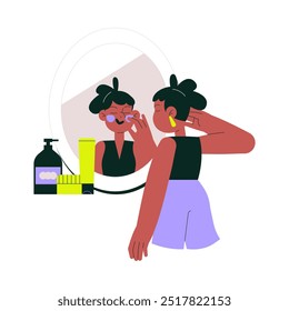 Rutina de cuidado de la piel con una mujer aplicando productos frente a un espejo, simbolizando el cuidado personal y un régimen de belleza diario. Ilustración vectorial plana para productos cosméticos y autocuidado.