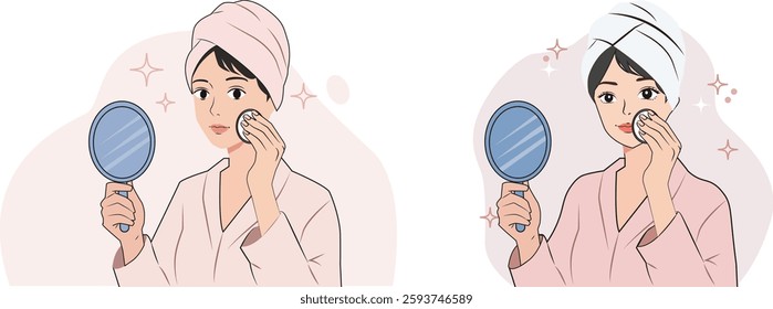 Skincare Routine Woman Mirror Vector. Girl looking in mirror cleans face. Beauty, self-care, facial