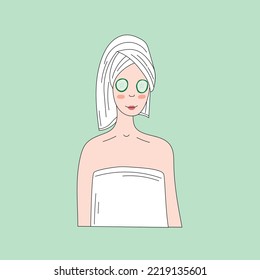 Skincare routine. Woman uses organic natural homemade cosmetics. Flat vector illustration