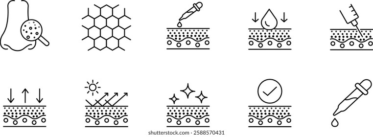 Skincare Science, Hydration, Treatment, and Skin Health Icons.