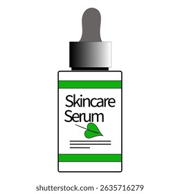 Skincare serum bottle. Green label vector. Dropper top design. Leaf icon detail.