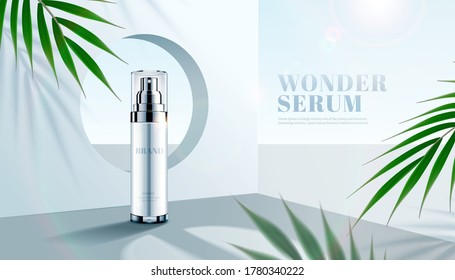 Skincare serum in front of a geometric round window with palm leaves, 3d illustration cosmetic ads