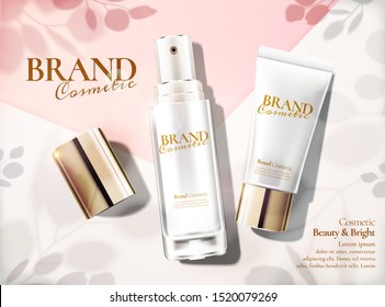 Skincare set ads with lying products and leaves shadows on the floor in 3d illustration