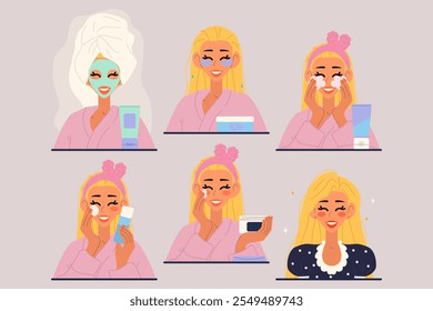 Skincare set. Blonde girl washed her hair and face and moisturizes her skin. Isolated vector illustrations. Cosmetic products.