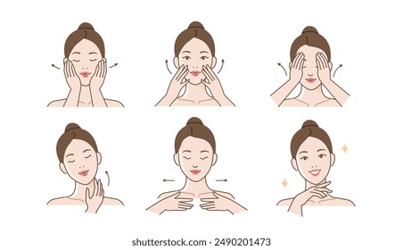 Juego de cuidado de piel. Colección de chica haciendo masaje facial por líneas. Concepto de belleza e higiene. Ilustración vectorial.