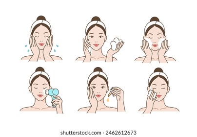 Juego de cuidado de piel. Colección de la niña que retira el maquillaje lavando su cara con cepillo facial, usando toallita limpiadora y otros productos cosméticos. Concepto de belleza e higiene. Ilustración vectorial.