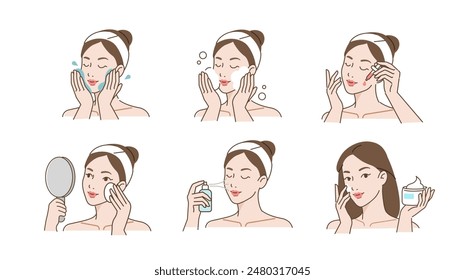 Hautpflege-Set. Kollektion von Mädchen, Make-up zu entfernen, indem sie ihr Gesicht wäscht, Reinigungstuch und andere Kosmetikprodukte verwendet. Schönheits- und Hygienekonzept. Vektorillustration.