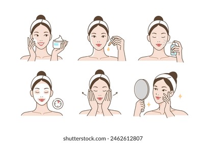 Skincare set. Collection of girl taking care of her face and applying serum, moisturizing cream, lotion and facial mask. Beauty and hygiene concept. Vector illustration.