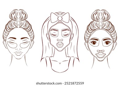 Cuidados com a pele. Coleção de menina tomando conta de seu rosto e aplicando soro, creme hidratante, loção e máscara facial. Beleza e higiene. Ilustração vetorial.

