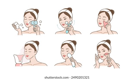 Juego de cuidado de piel. Colección del uso de la niña cepillo de limpieza facial, rodillo de masaje y otros dispositivos anti-envejecimiento. Concepto de belleza e higiene. Ilustración vectorial.