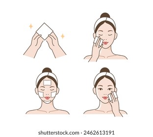 Skincare set. Collection of girl using make up removing face wipes. Beauty and hygiene concept. Vector illustration.