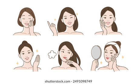 Juego de cuidado de piel. Colección de chica feliz disfrutando de su saludable condición de piel hidratada. Concepto de belleza e higiene. Ilustración vectorial.