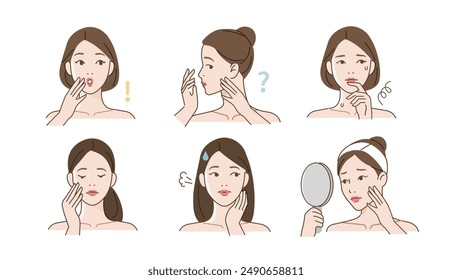 
Skincare set. Collection of sad girl worrying about her bad skin condition. Beauty and hygiene concept. Vector illustration.