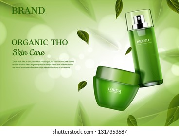 skincare set with flying green leaves, vector cosmetic ad