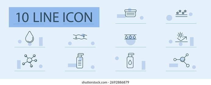 Icono de conjunto de cuidado de la piel. Gota, textura, frasco, clasificación, hidratación, efecto solar, molécula, crema, suero, fórmula. Belleza, tratamiento, humedad, dermatología, cosméticos, cuidado, protección, efecto, brillo.