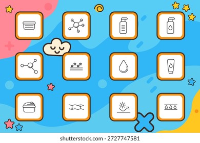 Skincare set icon. Jar, molecule, drop, cream, bottle, star effect, sun, layer, moisture, absorption. Cosmetic, beauty, treatment, hydration, product.