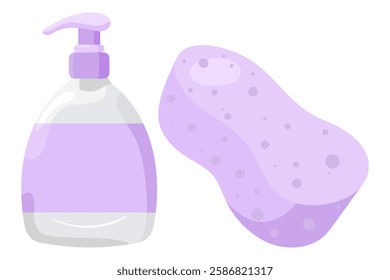 Skincare set icon. Liquid soap dispenser and sponge in purple tones. Used for washing hands and body hygiene.