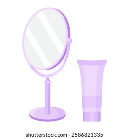 Skincare set icon. Round mirror and cosmetic tube. Used for beauty, self-care, and facial care routines.