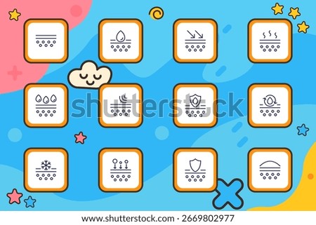 Skincare set icon. Skin layers with symbols for moisture, heat, cold, absorption, barriers, droplets, shields, and elasticity illustrated as outlined tiles