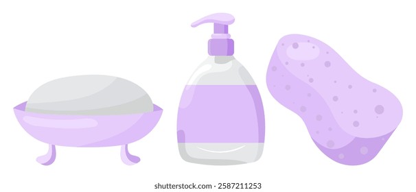 Skincare set icon. Soap in a dish, sponge, and liquid soap dispenser in purple tones. Used for personal hygiene and self-care.