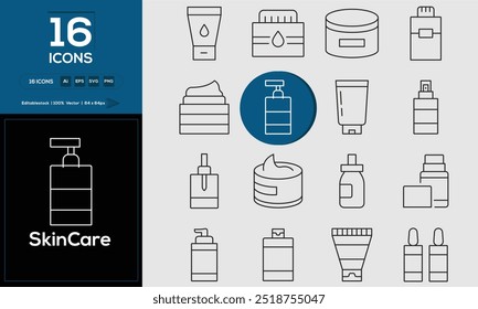 Skincare set of outline icons related to analysis, infographic, analytics. Editable stroke. Vector illustration.