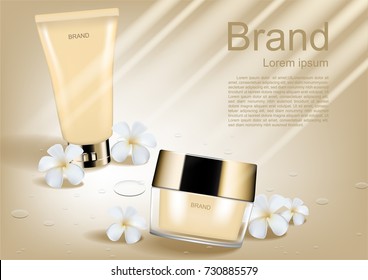 Skincare set with tiny white flowers and shining light