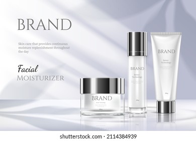 Skincare set with white clear wall minimal background and leaf shadow for Cosmetic product presentation template. - Shutterstock ID 2114384939