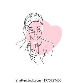 Skincare, spa at home. Woman with eye patches. Relaxing girl with phone. Daily routine. Outline minimalistic style. Vector illustration.