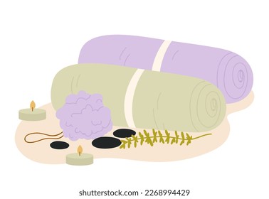 Skincare spa products. Bathroom towels, beauty routine tools vector illustration