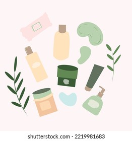 Skincare spa products for beauty of skin and hair. vector illustrations of cosmetic jars, tubes and bottles. cartoon lotion cream cleanser and leaves isolated on white. organic 