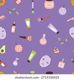 Cuidado de la piel y spa sin patrón con cosméticos, mascarillas y productos de belleza natural. Ilustración vectorial