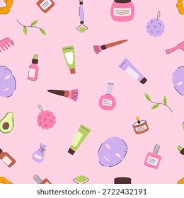 Cuidado de la piel y spa sin patrón con cosméticos, mascarillas y productos de belleza natural. Ilustración vectorial